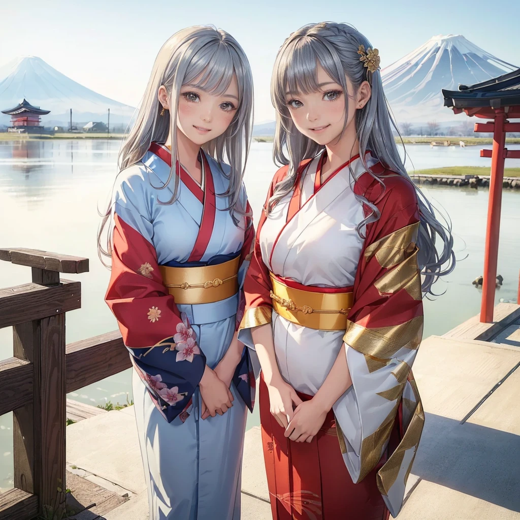 ((8K, RAW Photos, Highest quality, masterpiece)),((Showing the kimono from the obi up:1.5)), High-resolution RAW color photos、
Professional close-up photography, (Realistic, フォトrealism: 1.37),
(Highest quality), (Best Shadow), (Best illustrations),
High-quality images、Skin Radiance、Texture of skin and clothing、
Expression of fine eyes、Shiny Hair,Long Hair Girl, Manga inspired by Lee Jong-suk,
Trending on deviantart, realism, detailed manga style, Manga art style,
Perfect Line Drawing, Beautiful line art, digital manga art girl, K-POPアイドル,
Beautiful brown eyes, Fuller lips, Gorgeous face with attention to detail,
(Cute Smile), attractive, Innocent, (Perfectly detailed face),
(Detailed and carefully drawn hand) Photorealistic images, Written boundary depth,
(Japanese style princess cut hairstyle:1.5),
best quality, masterpiece, New Year,
Three Japanese high-school cute girls, ((looking straight:1.7)),
((Kimono with strikingly beautiful colorful colors, red, Silver, gold:1.7)),
((white short scarf:1.2)), ((white feather shawl:1.2)),
((gently smiling:1.7)),
((upper arms hidden by clothes and hair:1.5)),
(innocent and pure high-school-girls:1.7)
(separately side by side:1.5),
shrine background, (mount Fuji:1.3), ((snow))
winter(season), (outdoors:1.5)