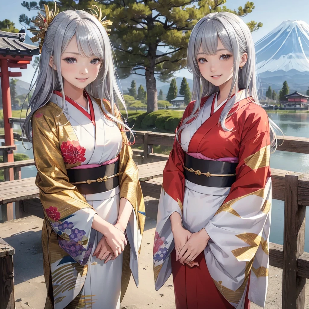 ((8K, RAW Photos, Highest quality, masterpiece)),((Showing the kimono from the obi up:1.5)), High-resolution RAW color photos、
Professional close-up photography, (Realistic, フォトrealism: 1.37),
(Highest quality), (Best Shadow), (Best illustrations),
High-quality images、Skin Radiance、Texture of skin and clothing、
Expression of fine eyes、Shiny Hair,Long Hair Girl, Manga inspired by Lee Jong-suk,
Trending on deviantart, realism, detailed manga style, Manga art style,
Perfect Line Drawing, Beautiful line art, digital manga art girl, K-POPアイドル,
Beautiful brown eyes, Fuller lips, Gorgeous face with attention to detail,
(Cute Smile), attractive, Innocent, (Perfectly detailed face),
(Detailed and carefully drawn hand) Photorealistic images, Written boundary depth,
(Japanese style princess cut hairstyle:1.5),
best quality, masterpiece, New Year,
Three Japanese high-school cute girls, ((looking straight:1.7)),
((Kimono with strikingly beautiful colorful colors, red, Silver, gold:1.7)),
((white short scarf:1.2)), ((white feather shawl:1.2)),
((gently smiling:1.7)),
((upper arms hidden by clothes and hair:1.5)),
(innocent and pure high-school-girls:1.7)
(separately side by side:1.5),
shrine background, (mount Fuji:1.3), ((snow))
winter(season), (outdoors:1.5)