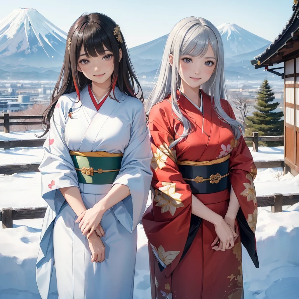 ((8K, RAW Photos, Highest quality, masterpiece)),((Showing the kimono from the obi up:1.5)), High-resolution RAW color photos、
Professional close-up photography, (Realistic, フォトrealism: 1.37),
(Highest quality), (Best Shadow), (Best illustrations),
High-quality images、Skin Radiance、Texture of skin and clothing、
Expression of fine eyes、Shiny Hair,Long Hair Girl, Manga inspired by Lee Jong-suk,
Trending on deviantart, realism, detailed manga style, Manga art style,
Perfect Line Drawing, Beautiful line art, digital manga art girl, K-POPアイドル,
Beautiful brown eyes, Fuller lips, Gorgeous face with attention to detail,
(Cute Smile), attractive, Innocent, (Perfectly detailed face),
(Detailed and carefully drawn hand) Photorealistic images, Written boundary depth,
(Japanese style princess cut hairstyle:1.5),
best quality, masterpiece, New Year,
Three Japanese high-school cute girls, ((looking straight:1.7)),
((Kimono with strikingly beautiful colorful colors, red, Silver, gold:1.7)),
((white short scarf:1.2)), ((white feather shawl:1.2)),
((gently smiling:1.7)),
((upper arms hidden by clothes and hair:1.5)),
(innocent and pure high-school-girls:1.7)
(separately side by side:1.5),
shrine background, (mount Fuji:1.3), ((snow))
winter(season), (outdoors:1.5)