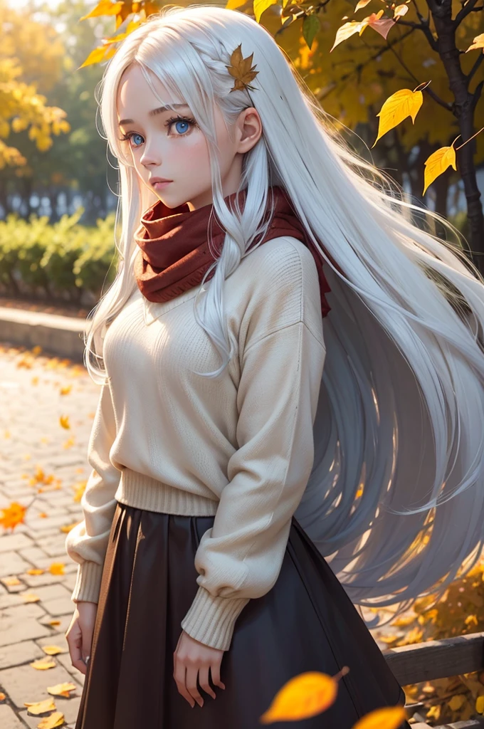 (work of art), best qualityer, ultra detali, illustration, warm lighting, soft lighting, shiny colors, 1 girl, standing alone,( beautiful girl, long hair, blue colored eyes, cinta, White hair, hair between the eyes, hair cinta, side locks, very long hair, Messy hair,) , Thu, many maple, maple leaves, golden leaves, folhagem de Thu, dried leaves, Riu, Fresh air, Peace, fresh breeze , Pleasant climate,( wear a white or brown sweater, red scarf, It's temperamental, Melancholic, Melancholic, Grieving ,preoccupied, yearning,), ((breasts big)), ((big-ass))