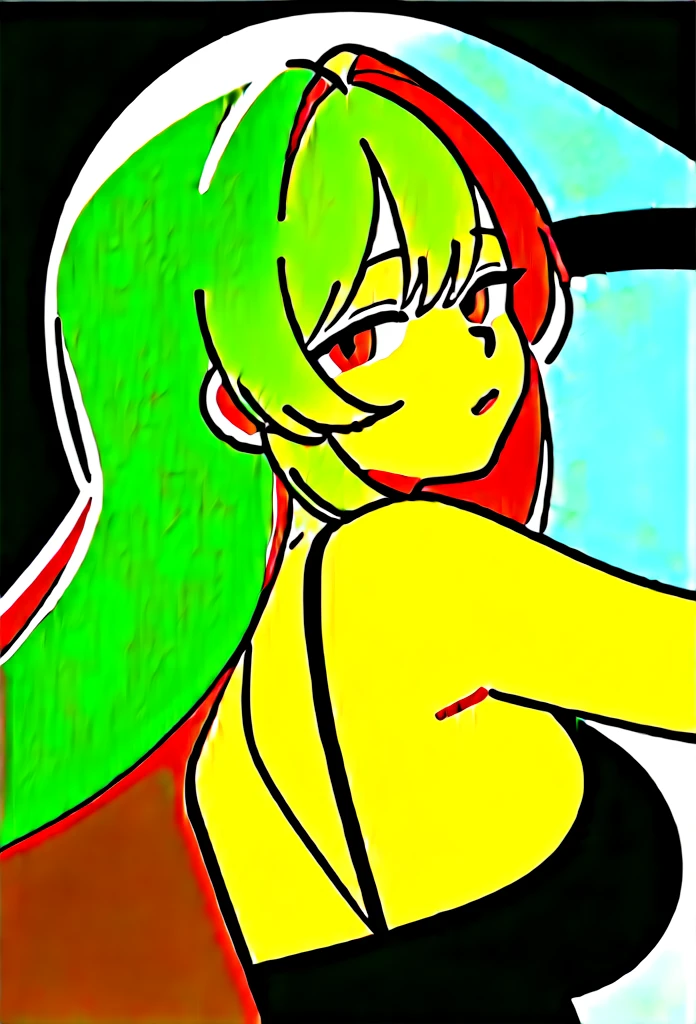 masterpiece, Score_9, Score_8_up, Score_7_up, rear view, 1 woman, alone, brown hair, long curly hair, split bangs, honey eyes, half-closed eyes, parted lips, expressionless, pale skin, large breasts, upper body, Black nightdress with V-neckline, black background, best quality, long and split bangs.