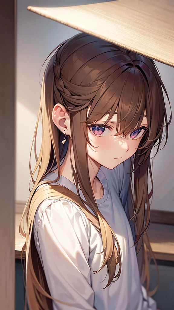 a man in the front angle, He has long hair and a strand of hair behind his left ear and another strand of hair behind his right ear., he is in the frontal position