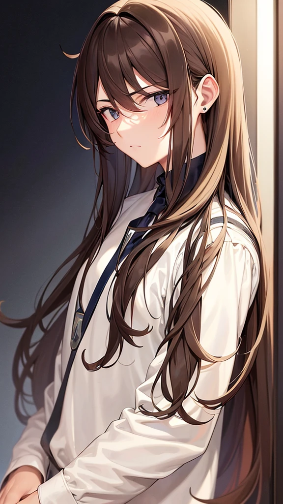 a man in the front angle, He has long hair and a strand of hair behind his left ear and another strand of hair behind his right ear., he is in the frontal position