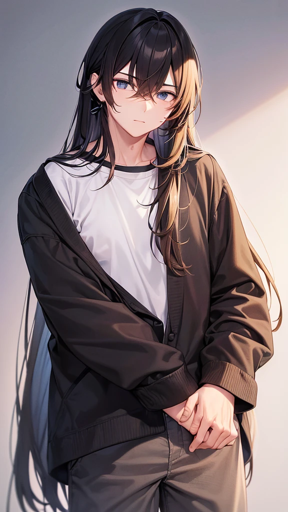 a man in the front angle, He has long hair and a strand of hair behind his left ear and another strand of hair behind his right ear., he is in the frontal position