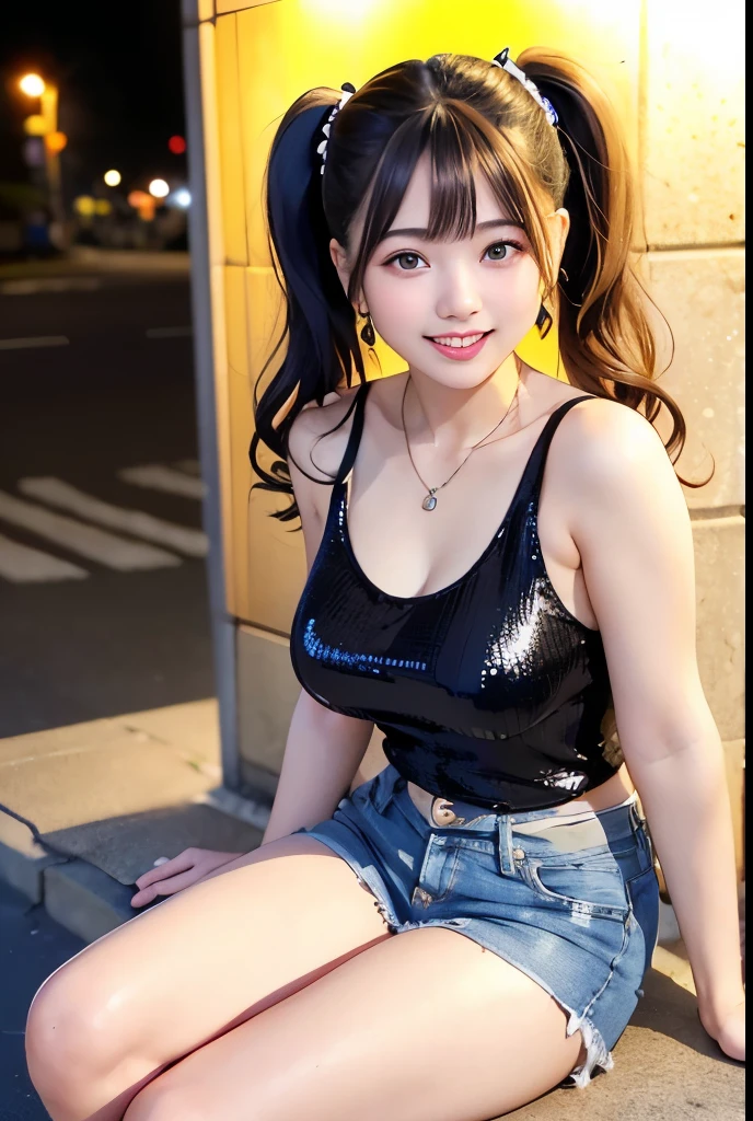 (Highest quality,masterpiece:1.3,Ultra-high resolution),(Very detailedな、Caustics) (Photorealistic:1.4, RAW shooting、)Ultra-Realistic Capture、Very detailed、Natural skin texture、masterpiece、(Sequin tank top and short denim pants:1.3)、1 Japanese girl、Adorable expression、Expressions of Happiness、、Young Face、Surprisingly cute、Twin tails、Curly Hair、Black Hair、Scrunchie、Earrings、necklace、light makeup、A big bust that seems to burst、This photo was taken on a busy street at night..、Shining thighs、Sit on a bench on the sidewalk、Shooting from the side、smile、An inviting gaze、