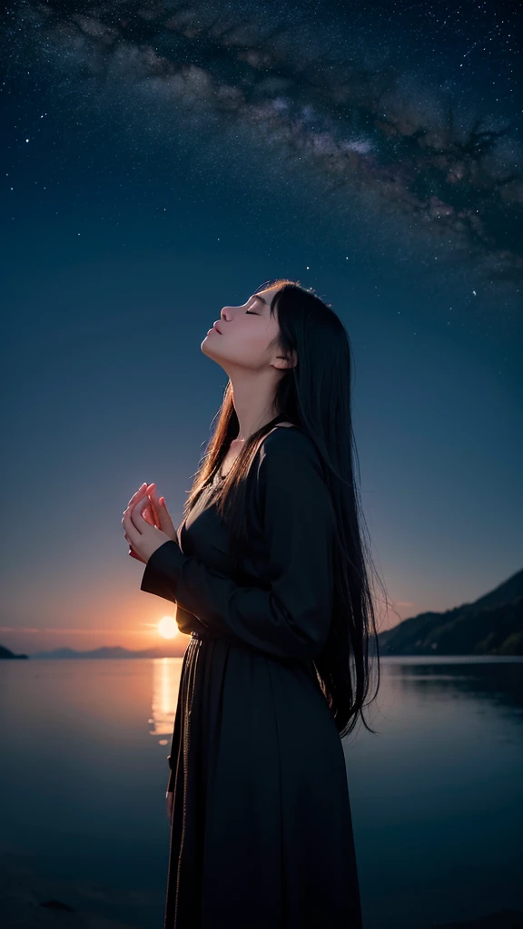 “A high-resolution, fantastical image of a long-haired woman with black hair standing by the lakeside. She is positioned at the edge of the frame, her hands clasped together in a prayer-like gesture, eyes closed, and looking up at the sky. Place a first-magnitude star prominently in the sky as if she is making a wish upon it. The woman’s silhouette should glow in the darkness, highlighting her presence. Capture the scene with a magical and ethereal quality.”
