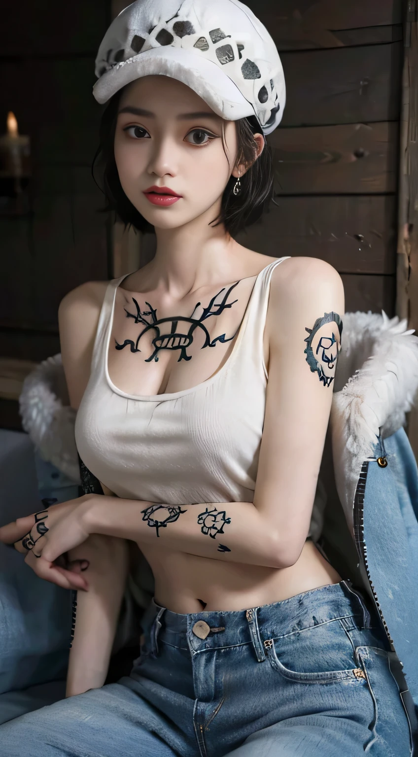 masterpiece, best quality, 8k,highestres, absurdres, extremely detailed, female trafalgar law, 1girl, solo, looking at viewer, short hair, medium breasts, hat, navel, cleavage, collarbone, earrings, midriff, pants, coat, fur trim, denim, jeans, fullbody tattoo, , shoulder tattoo, hand tattoo, finger tattoo, black fur-trimmed coat, coat on shoulders, yellow tank top,///,