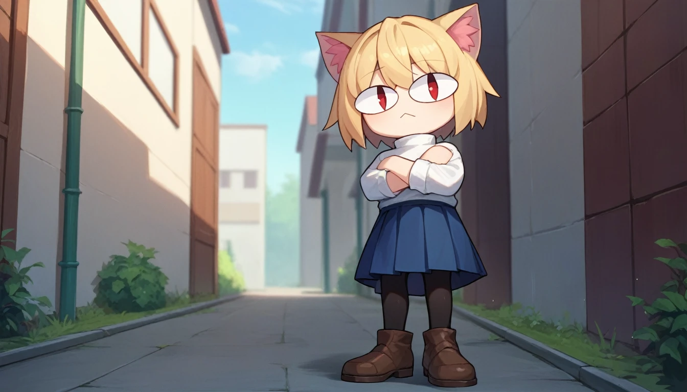 score_9, score_8_up, score_7_up, score_6_up, score_5_up, score_4_up, BREAK, 1boy, solo, necoarc, lit pupils, cat ears, blonde hair, red eyes, :3, turtleneck, blue skirt, pleated skirt, pantyhose, brown footwear, highlight thighs, outdoor, crossed arms