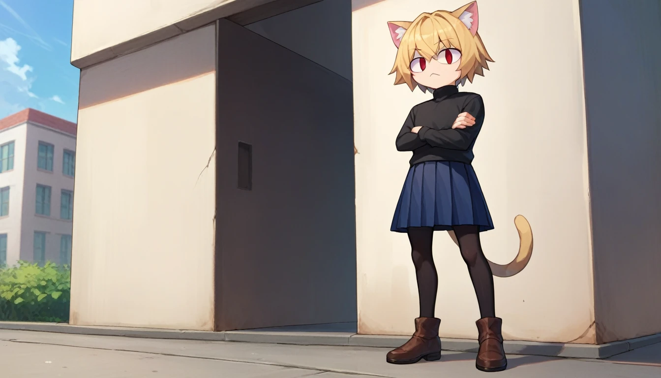 score_9, score_8_up, score_7_up, score_6_up, score_5_up, score_4_up, BREAK, 1boy, solo, necoarc, lit pupils, cat ears, blonde hair, red eyes, :3, turtleneck, blue skirt, pleated skirt, pantyhose, brown footwear, highlight thighs, outdoor, crossed arms