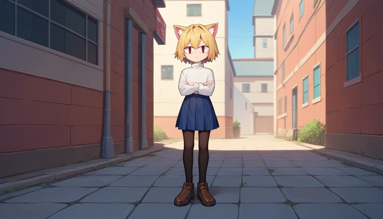 score_9, score_8_up, score_7_up, score_6_up, score_5_up, score_4_up, BREAK, 1boy, solo, necoarc, lit pupils, cat ears, blonde hair, red eyes, :3, turtleneck, blue skirt, pleated skirt, pantyhose, brown footwear, highlight thighs, outdoor, crossed arms