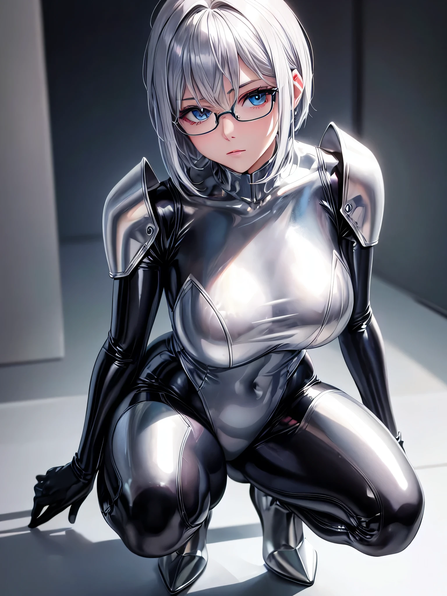 Highest quality 8K UHD、Mastepiece、Close-up、short hair、Blue Eyes、Squatting with legs apart、Open legs、Silver Hair、Glasses、A beautiful woman wearing a sleek silver metallic suit、Full body silver metallic rubber suit