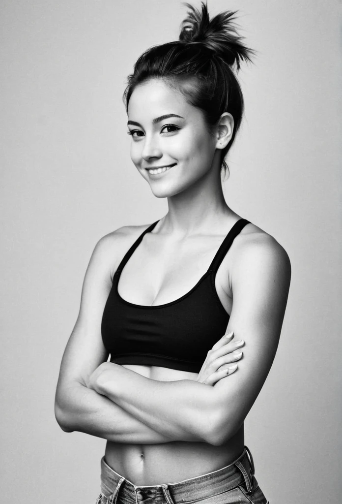 is shown in a minimalist black and white photograph, posing in profile,sport bra, wearing jeans. Her head is tilted back, (arms crossed over her chest:1.2), tomboy style , awide, joyful smile.background white