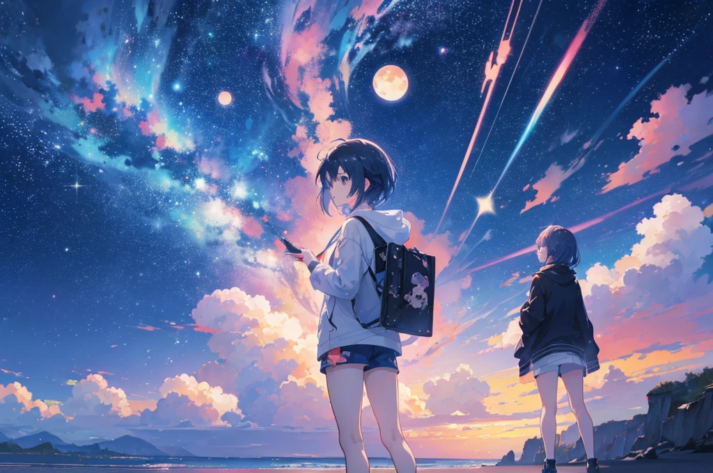 anime - style scene of a beautiful sky with a star and a planet, cosmic skies. by makoto shinkai, anime art wallpaper 4k, anime art wallpaper 4 k, anime art wallpaper 8 k, anime wallpaper 4k, anime wallpaper 4 k, 4k anime wallpaper, anime sky, amazing wallpaper, anime background, heaven planet in background, anime background art