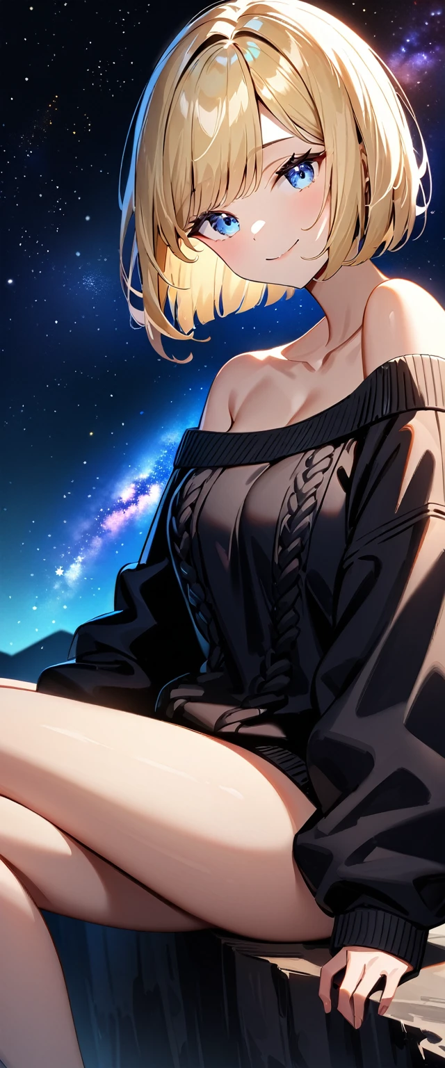 (((a beautiful starry sky, the Milky Way shining beautifully in the night))), ((bare legs)), ((Aran sweater)), ((((from side)))), focus on face, ((sitting on the very high cliff)), wavy hair, inward curled hair, sea, ((blond hair, bob cut:1.3)), breasts, teenager, (looking at viewer), oversized clothes, puffy long sleeves, ((off-shoulder sweater:1.3, Quite thick shoulder straps)), ((black sweater)), collarbone, head tilt:1.3, (((blue eyes))), happy smile, (((anime style))), (best quality, 4K, 8K, highres, masterpiece:1.2, ultra-detailed, ultra-detailed eyes, HDR, uhd, studio lighting, ultra-fine painting, sharp focus, physically-based rendering, extreme detail description, professional, vivid colors, bokeh)