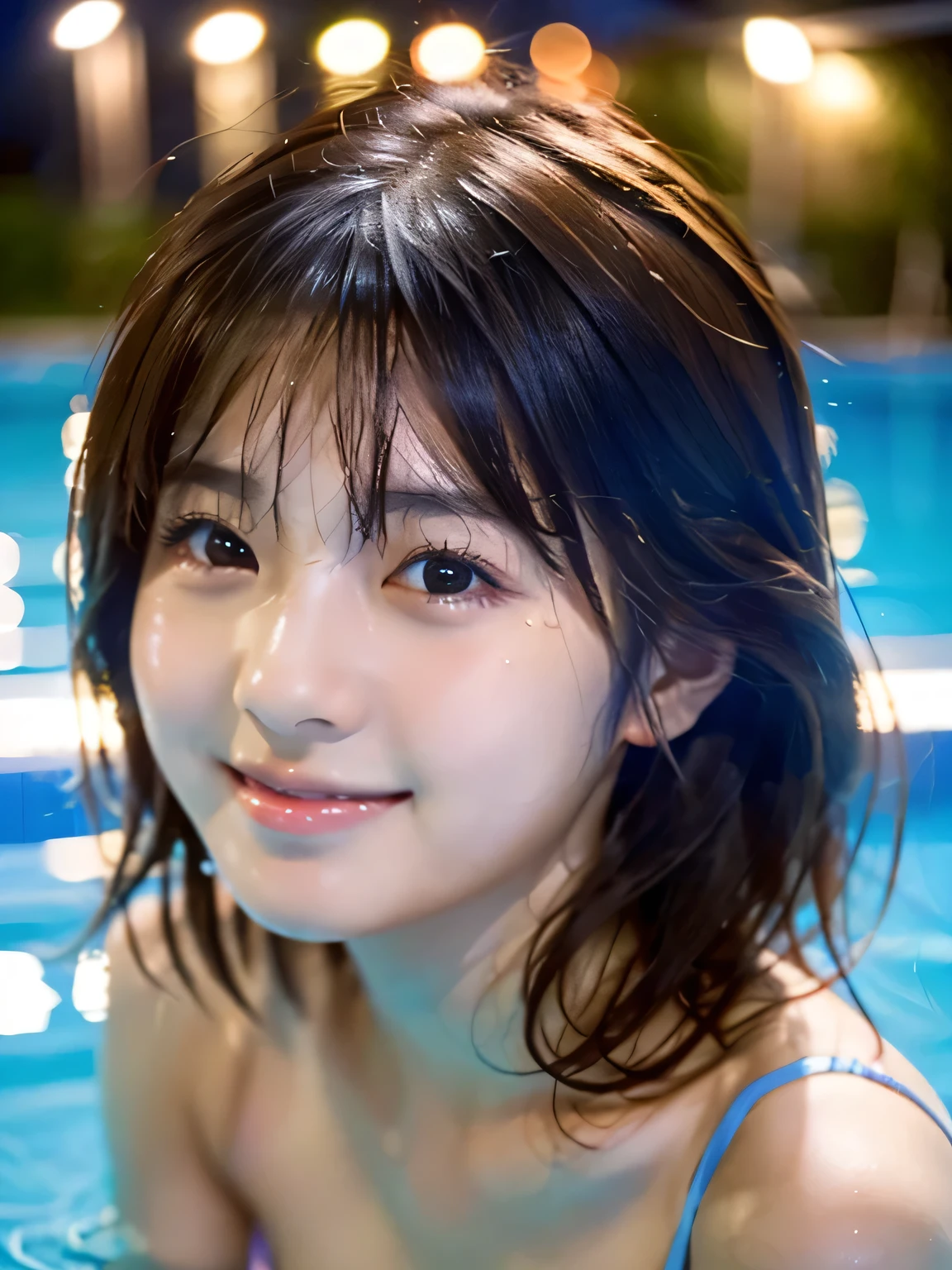 Completely naked、Highest quality, masterpiece, Ultra-high resolution, (Realistic:1.4), RAW Photos, The most famous Japanese idols have a great time at the night pool, (Variety of faces, Very cute face, Very beautiful face, Very childish face, Very sexy face), They all have such beautiful big eyes, very beautiful colorful hair, All the skins are very beautiful, Very beautiful long eyelashes, Very beautiful lips,