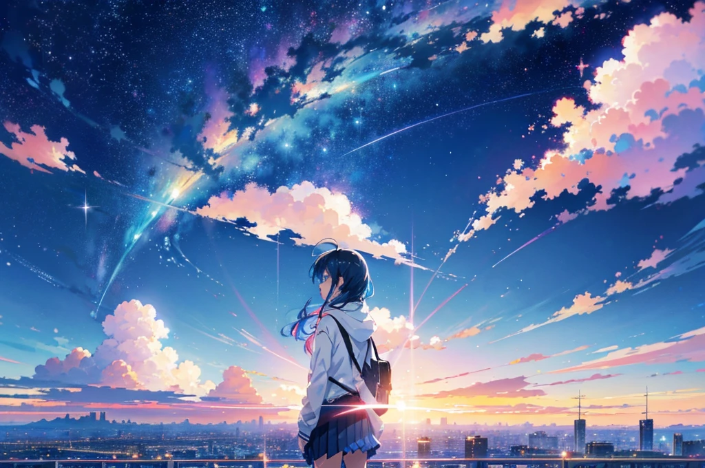 anime - style scene of a beautiful sky with a star and a planet, cosmic skies. by makoto shinkai, anime art wallpaper 4k, anime art wallpaper 4 k, anime art wallpaper 8 k, anime wallpaper 4k, anime wallpaper 4 k, 4k anime wallpaper, anime sky, amazing wallpaper, anime background, heaven planet in background, anime background art
