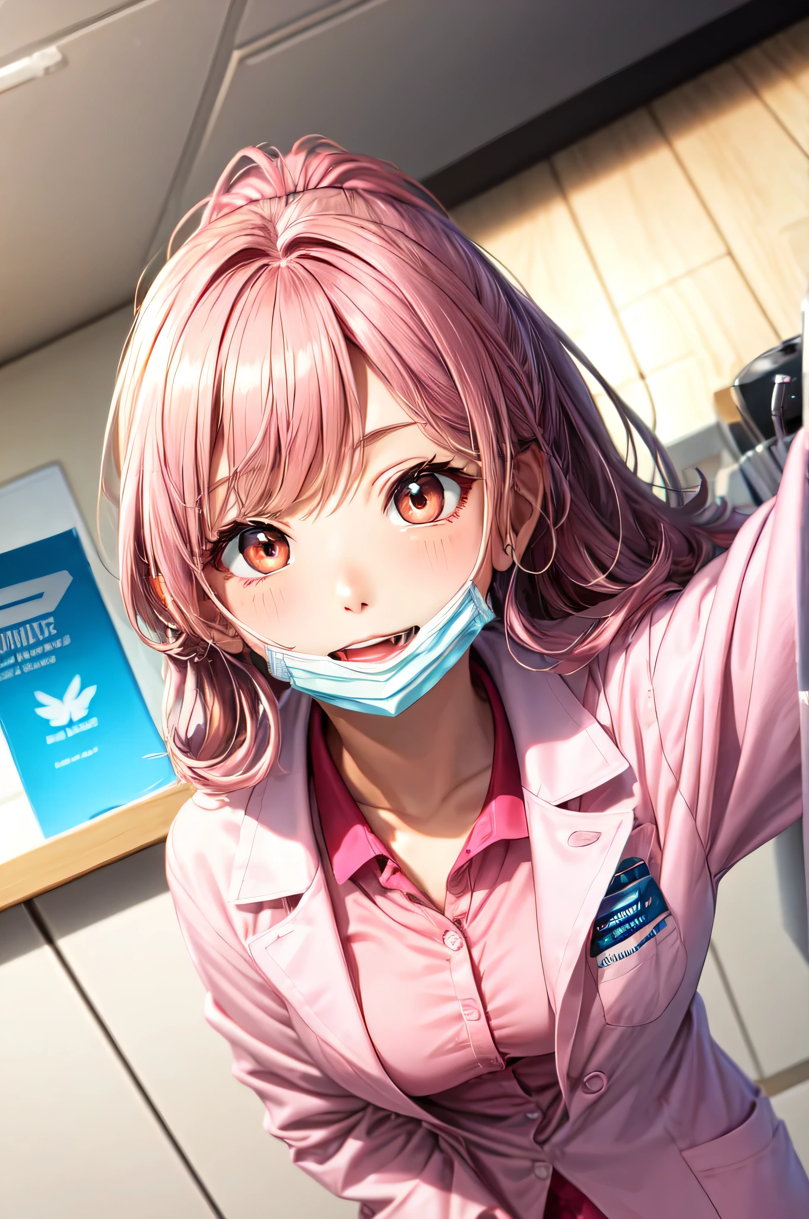 Dental hygienist Pink lab coat I have a toothbrush Beauty The hair color is brown The mask is pink From an angle Mask Pink Len Big eyes dual