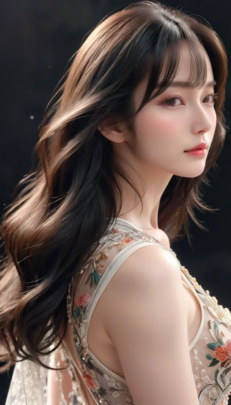 ((最大16K解像度のmasterpiece:1.6)),beautiful,Highest quality,Absolutely wonderful,Very detailed,Ultra-high resolution,masterpiece,Realistic,Realistic,Increased depth of field,Cinematic Light,
One elegant mature woman, Long black hair,beautiful顔,Very detailedな顔の表現,Face with a gentle expression,Transparent white skin,Very delicate skin texture,Great proportions,Anatomically correct body,
Sexy high slit dress,Gorgeous colors,Gorgeous and detailed pattern,Beautifully detailed pattern,Detailed cloth texture,
Black Background,
Focus on the upper body,((Face close-up:1.5)),