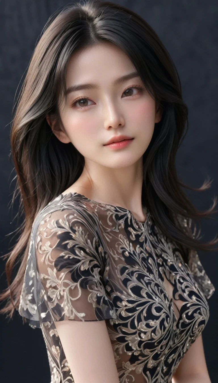 ((最大16K解像度のmasterpiece:1.6)),beautiful,Highest quality,Absolutely wonderful,Very detailed,Ultra-high resolution,masterpiece,Realistic,Realistic,Increased depth of field,Cinematic Light, 
One elegant mature woman, Long black hair,beautiful顔,Very detailedな顔の表現,Face with a gentle expression,Transparent white skin,Very delicate skin texture,Great proportions,Anatomically correct body, 
Sexy high slit dress,Gorgeous colors,Gorgeous and detailed pattern,Beautifully detailed pattern,Detailed cloth texture,
Black Background,
Focus on the upper body,((Face close-up:1.5)),