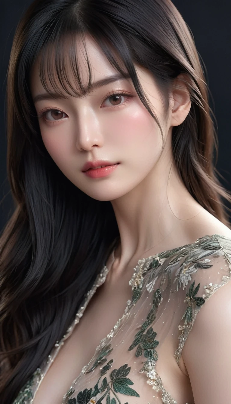 ((最大16K解像度のmasterpiece:1.6)),beautiful,Highest quality,Absolutely wonderful,Very detailed,Ultra-high resolution,masterpiece,Realistic,Realistic,Increased depth of field,Cinematic Light,
One elegant mature woman, Long black hair,beautiful顔,Very detailedな顔の表現,Face with a gentle expression,Transparent white skin,Very delicate skin texture,Great proportions,Anatomically correct body,
Sexy high slit dress,Gorgeous colors,Gorgeous and detailed pattern,Beautifully detailed pattern,Detailed cloth texture,
Black Background,
Focus on the upper body,((Face close-up:1.5)),
