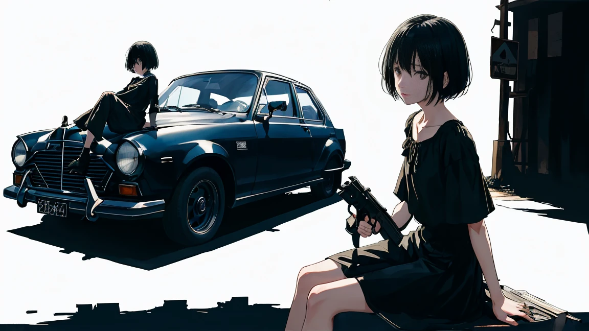 girl、blouse、Holding a gun、Road sign with a black heart、Black Hair、short hair、Look down、Sit on top of the car、sitting cross-legged、Watercolor、Looking into the distance、Stylish illustrations、One person、Not real、Simple illustration