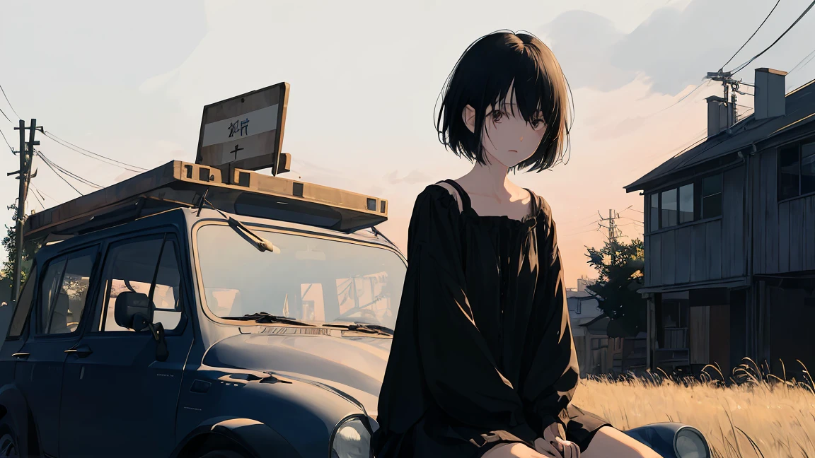 girl、blouse、Holding a gun、Road sign with a black heart、Black Hair、short hair、Look down、Sit on top of the car、sitting cross-legged、Watercolor、Looking into the distance、Stylish illustrations、One person、Not real、Simple illustration