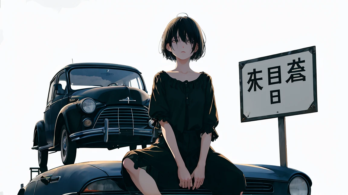 girl、blouse、Holding a gun、Road sign with a black heart、Black Hair、short hair、Look down、Sit on top of the car、sitting cross-legged、Watercolor、Looking into the distance、Stylish illustrations、One person、Not real、Simple illustration