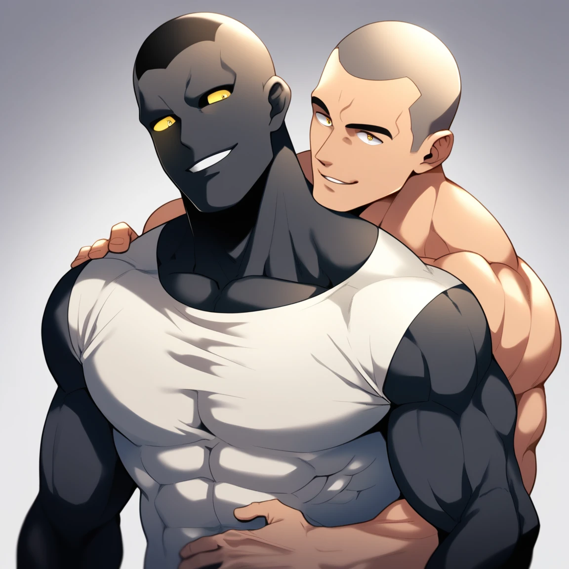 anime characters:Two superheroes in tights, Muscle Sports Student and Muscle No Face skinhead superhero, No Face,negro black skin, They hugged and kissed each other, Bite your neck, Caress, Manliness, male focus, Yellow and black high collar long sleeve tight T-shirt, Slightly transparent material, Very tight, Round, full and perky chest muscles, Muscle waist, Slightly transparent, muscular male, muscular, only, Upper body, alone, Black short hair, Thick eyebrows, stubble, Yellow eyes, Grey background, simple background, amazing quality, best aesthetics, Ridiculous, bright pupils, crew cut, parted lips, seductive smile, torogao, naughty face, drop shadow, best quality