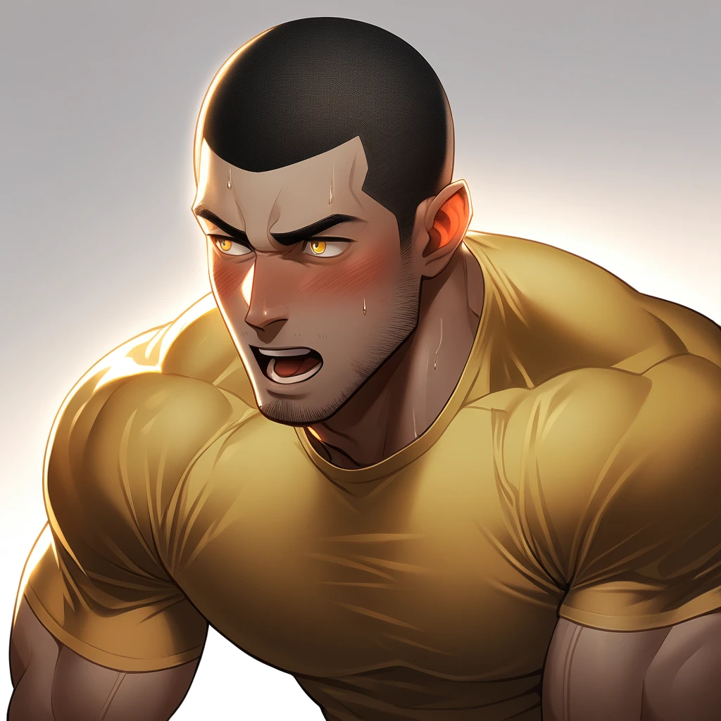 1muscular sportsman, Athlete，male focus, Buzz Cut, Yellow and black tight T-shirt, one ,Very tight, muscular male, muscular, only, Upper body, alone, look to the side, short hair, stubble, sweat, black hair, Yellow eyes, open lips, White background, simple background, amazing quality, best aesthetics, Ridiculous, crew cut, moaning, blush, clair obscur, cinematic lighting, best quality, textured skin