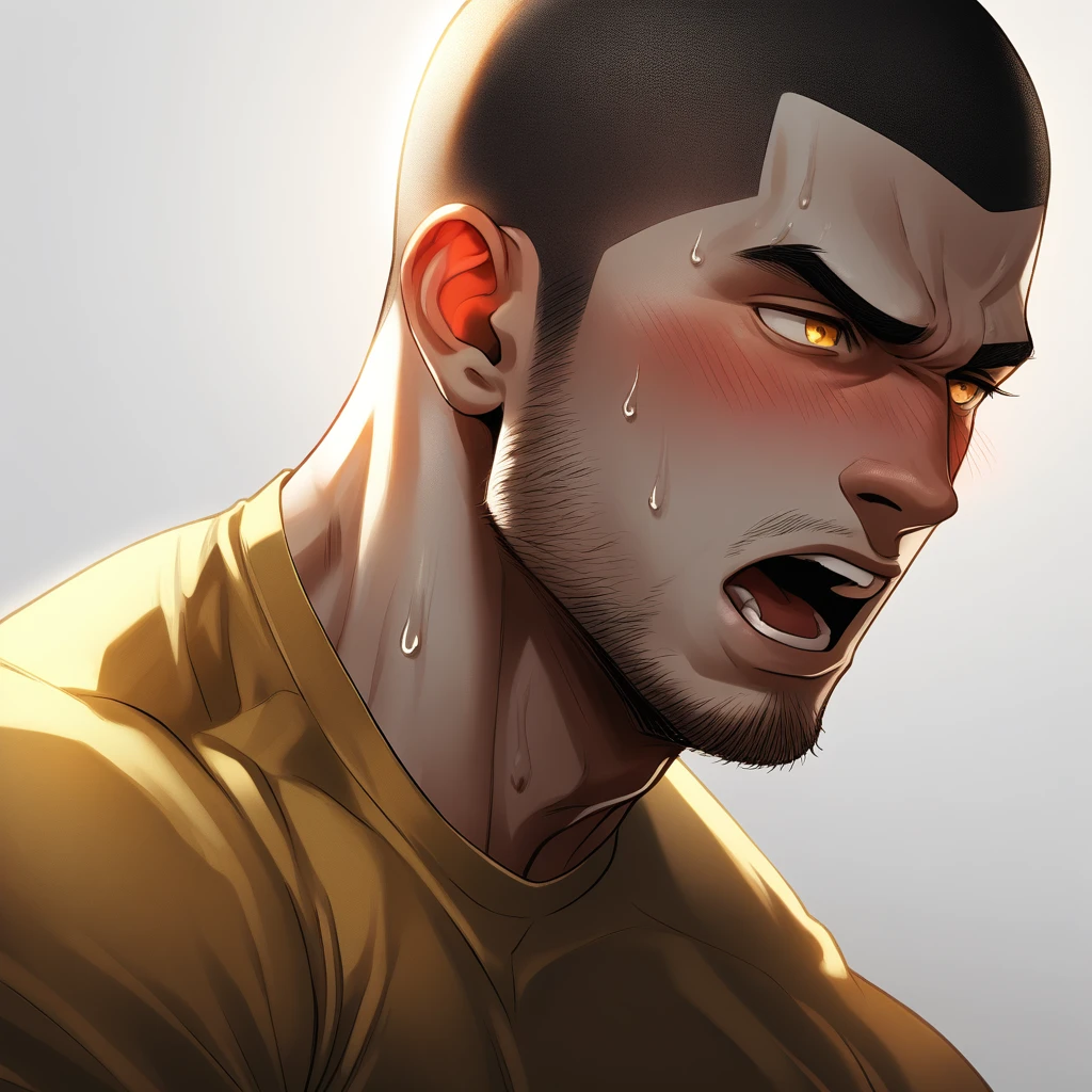 1muscular sportsman, Athlete，male focus, Buzz Cut, Yellow and black tight T-shirt, one ,Very tight, muscular male, muscular, only, Upper body, alone, look to the side, short hair, stubble, sweat, black hair, Yellow eyes, open lips, White background, simple background, amazing quality, best aesthetics, Ridiculous, crew cut, moaning, blush, clair obscur, cinematic lighting, best quality, textured skin