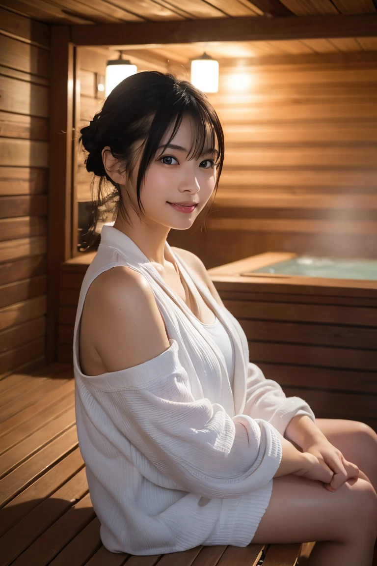 A 25-year-old young and beautiful Japanese woman relaxing in a luxurious sauna and spa. She has smooth, flawless skin, long silky black hair, and expressive, captivating eyes. The scene is set in a serene and elegant environment, with warm lighting and a tranquil ambiance. The woman is wearing a comfortable spa robe, her hair is gently tied back, and she has a peaceful smile on her face. The sauna room features wooden benches and soft steam, while the spa area includes a bubbling hot tub and soothing water features. Candles and soft towels add to the relaxing atmosphere. The overall setting should convey relaxation, comfort, and rejuvenation. The image should be captured as if by a famous photographer, using a Canon EOS R5 camera to ensure high realism and detail."