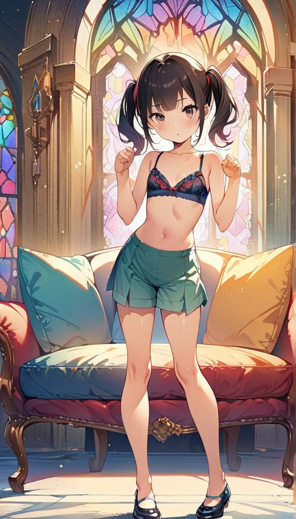 (masterpiece:1.8),(Highest quality:1.8),(Very detailed:1.8),(8k:1.8),(Ultra-fine Illustration:1.5),,,Straight low twintail,Flat Chest,Small Ass,(High-grade ,,lingerie:1.4),(Prayer Pose:1.5),Vintage sofa,,(Full body angle), Stained glass, Rainbow Gradient, Foundation, (bra:1.3), (lingerie,culottes:1.6), long nipples