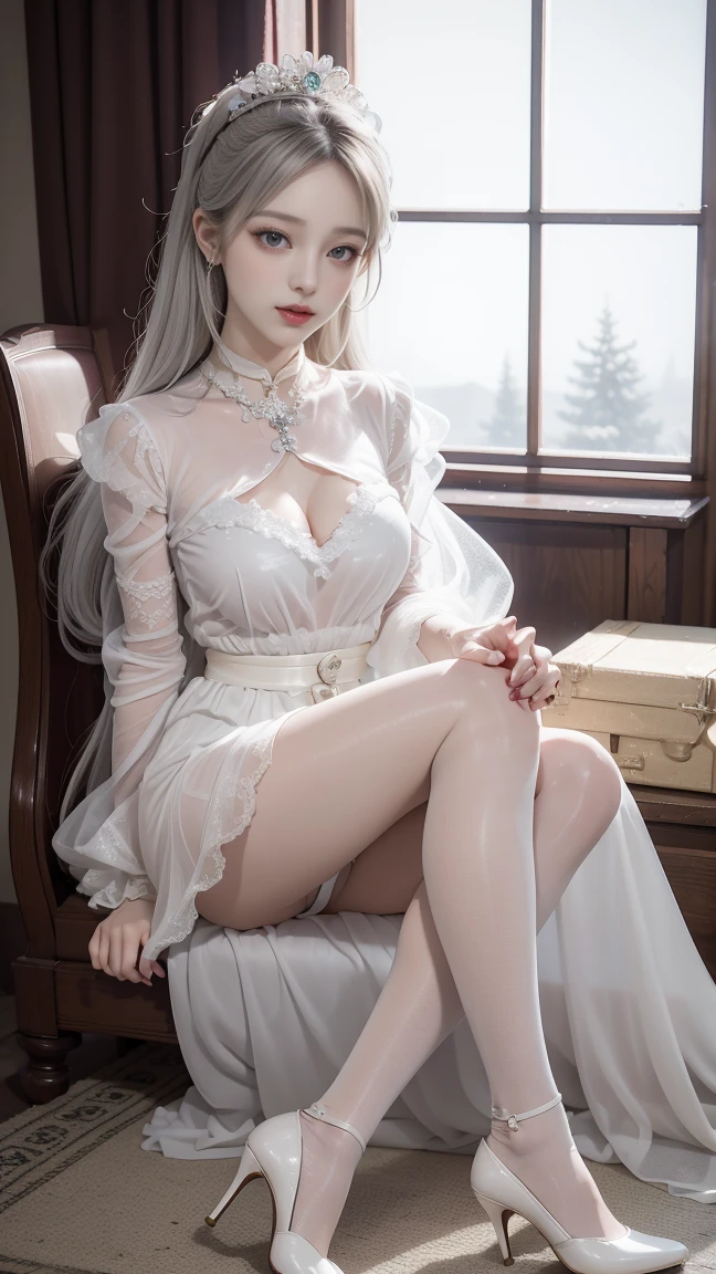 Top quality work,practical work,Super premium graphics card,8KHD CG works,High-quality graphics,HD CG works,10x pixel,Extremely fine details:1.1,Advanced technical details:1.1. Reality,室内Lighting Effects:1.5,Natural light:1.5. Lighting Effects(virtual Lighting Effects:1.8),長いSilver Hair,Silver Hair,Transparent hair,Attention to hair details(High-quality hair details:1.1)Clear eyes,Beautiful double eyelids,锐利的Eye Makeup, Delicate eyelash makeup, Sparse eyebrows, Very detailed eyes,high nose, Beautiful red lips, Rosy Cheeks, Face with light makeup , Cute face, Perfectly balanced face shape,(Advanced face detailing:1.1),Girl in maid costume、 role play, Knee socks, High heel, transparent,,The moonlight pours down like water,Foggy Room,It's like a fairy in a picture,Slender sexy legs,Good looking,Beautiful and exquisite,Like a finely carved jade、The waves in my eyes are like twinkling stars,Showing the light of patience and wisdom。The bridge of the nose is straight,Cherry lip color, Her face is clear,Her skin is as white as jade,Shines with a healthy glow,Her makeup is light.,Not too much frills,Light-colored foundation can enhance the transparency of the skin.,Eye Makeup: Eyeshadow and eyeliner,Make her eyes brighter、Happier、Add a touch of glamour and sophistication,Wear white clothes to protect against the snow,Clothes fluttering,it'About to be blown away by the wind,Drifting away。Beautiful embroidery patterns on clothes,既不失grace,Demonstrating incredible skills。Wear a wide belt around your waist,上面挂着一枚transparent玉坠.,Swinging with her movements。Her hair was tied back casually.,Repair with hosta,A few strands of hair swaying gently in the wind,Add a little softness、Captivated everyone'notes、grace、mystery、Full of power。