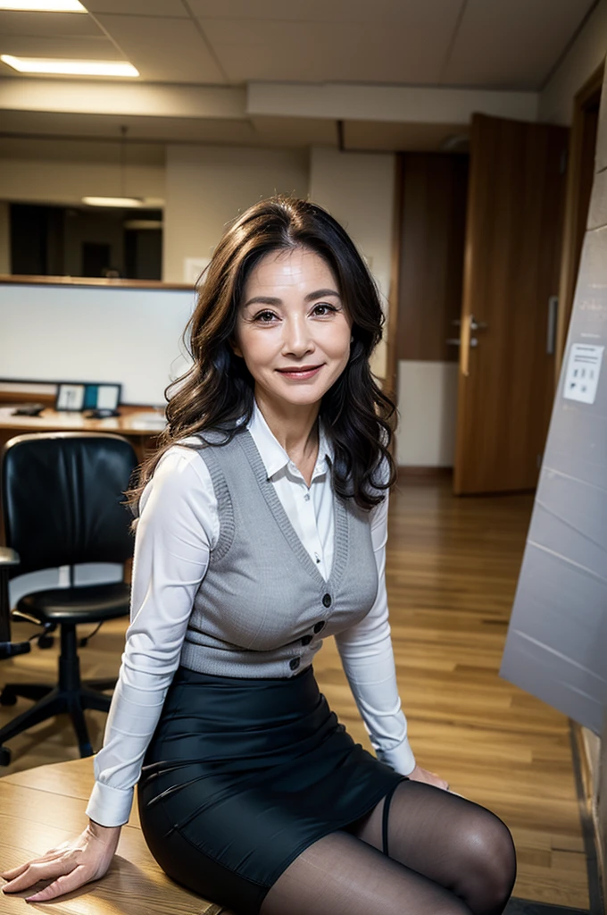 (masterpiece:1.4),(60-year-old woman:1.5),(Facial wrinkles : 1.2),A kind smile,Long Wavy Hair, maternal, Mature Woman, sitting, office worker, vest, pencil skirt, black nylon tights, indoor modern office, detailed backgrounds