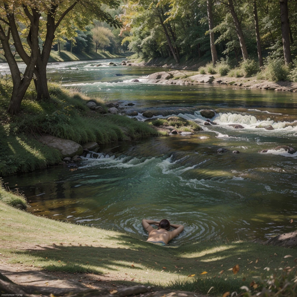 the river, colorful leafs, trees, grass, all in one painting of picture female body currently face down facing the back of the camera, real hyper realistic, UHD 16k, detailed photo, photo was taken from the female body painting of picture