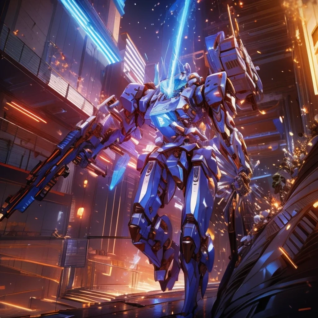 Obra de arte, melhor qualidade:1.7)Mech branco e azul com detalhes dourados, médio, segurando uma sniper azul grande. Realistic, Extremely detaild, 4K UHD, HDR, naturallight, cinematic lighting, masterpiece-anatomy-perfect, ultra HD, Space Combat, Battlefield, RAW photo, metallic, ultra-fine painting, perfect body proportions, anatomically correct, real texture material, Anti-Aliasing, TXAA, SSAO, Post Processing, Post Production, Tone Mapping, CGI, VFX, SFX, Hyper maximalist, ultra photorealultra-detailed intricate details.