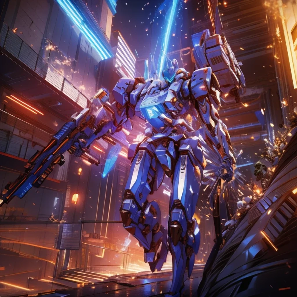Obra de arte, melhor qualidade:1.7)Mech branco e azul com detalhes dourados, médio, segurando uma sniper azul grande. Realistic, Extremely detaild, 4K UHD, HDR, naturallight, cinematic lighting, masterpiece-anatomy-perfect, ultra HD, Space Combat, Battlefield, RAW photo, metallic, ultra-fine painting, perfect body proportions, anatomically correct, real texture material, Anti-Aliasing, TXAA, SSAO, Post Processing, Post Production, Tone Mapping, CGI, VFX, SFX, Hyper maximalist, ultra photorealultra-detailed intricate details.