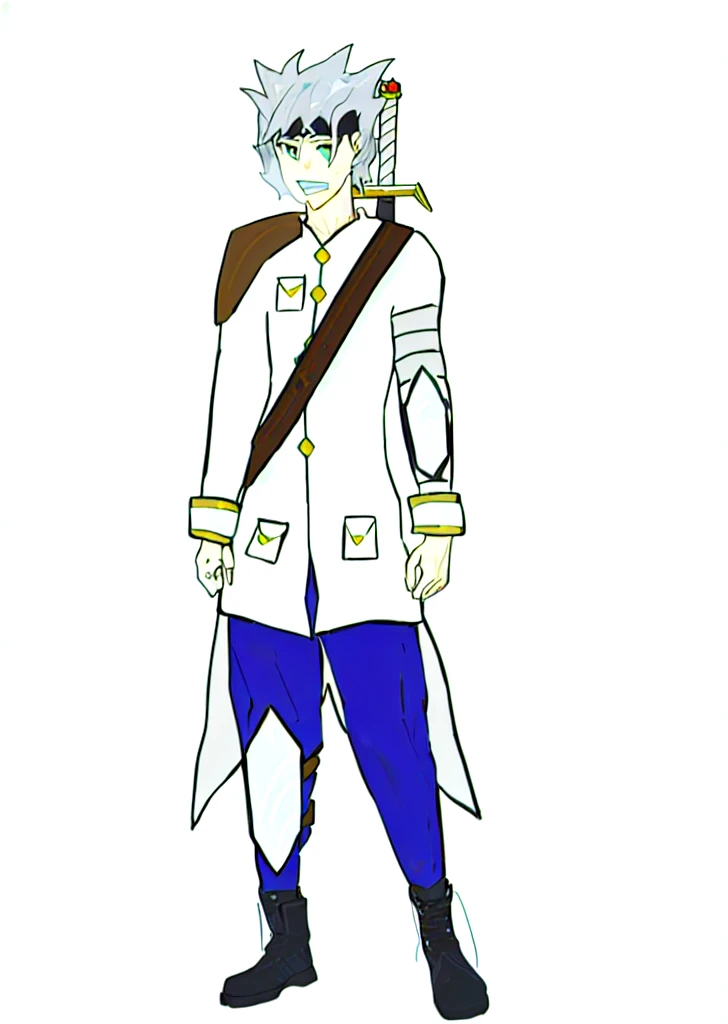 a drawing of a man in a white coat and blue pants, clear outfit design, character adoptable, as a dnd character, full body character, rpg portrait full body, skinny male fantasy alchemist, fullbody rpg portrait, inspired by Kamisaka Sekka, jrpg character, a human male paladin, full body character concept, thin young male alchemist