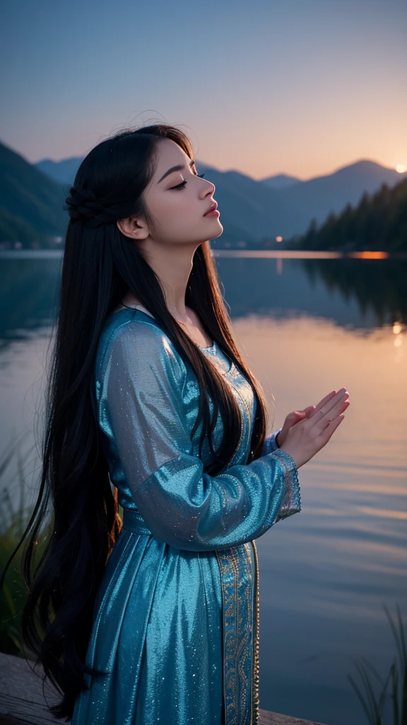 “A high-resolution, fantastical image of a long-haired woman with black hair standing by the lakeside. She is positioned at the edge of the frame, her hands clasped together in a prayer-like gesture, eyes closed, and looking up at the sky. Place a first-magnitude star prominently in the sky as if she is making a wish upon it. The woman’s silhouette should glow in the darkness, highlighting her presence. Capture the scene with a magical and ethereal quality.”
