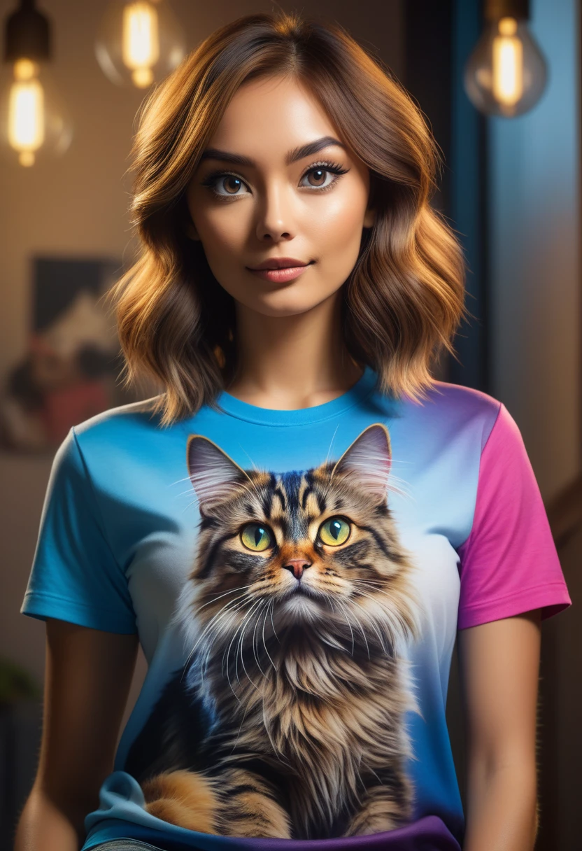 a dog in human form wearing a t-shirt with a cat design, highly detailed, beautiful, photorealistic, 8k, hyperrealistic, studio lighting, dramatic lighting, dynamic pose, expressive eyes and face, lush fur, intricate details, vibrant colors, seamless blending, cinematic composition, masterpiece