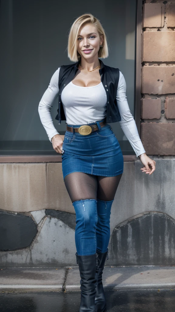 best quality, highres, and18, 1girl, android 18, solo girl, 1girl, blonde hair, blue eyes, belt, boots, tight blue demin skirt, gold_necklace, black shirt, short hair, long striped sleeves, earrings, open vest, denim vest, medium breasts, cowboy shot, mountains, straight-on, (weather: raining and windy), wet body, sexy smile, combat stance, full length pantyhose, battle ruins, wide hips, thick legs, torn clothes, closed fists,