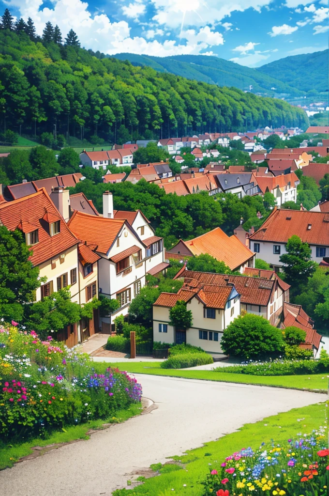 a beautiful countryside village,a quaint european town,colorful houses with red roofs,cobblestone streets,picturesque landscape,rolling hills,lush green meadows,blooming flowers,sun rays peeking through clouds,warm golden hour lighting,(best quality,8k,photorealistic,masterpiece:1.2),highly detailed,cinematic composition,vibrant colors,dramatic lighting,intricate architectural details,serene atmosphere