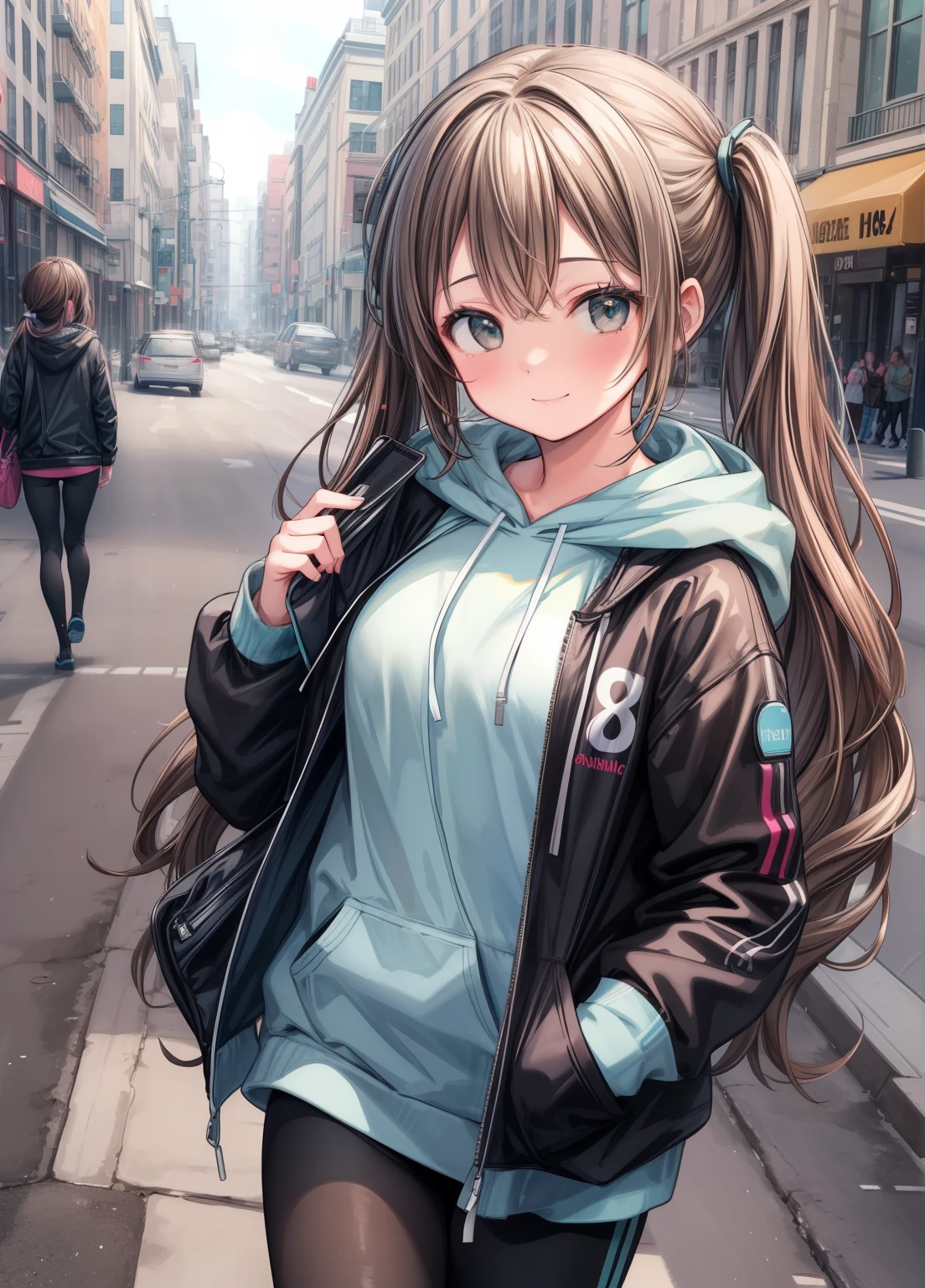 (masterpiece、Highest quality、Highest quality、Official Art、Beautiful and beautiful:1.2)、(One girl:1.3)Hatsune Miku、Twin tails,Beautiful breasts,(Highest quality, 8K, masterpiece: 1.3)), beauty, American young girl, Long wavy brown hair, Mid-chest, A black hoodie and grey leggings covering her torso, About the Street , Instagram Posts, Looking into the camera, Cute Smile, Shallow depth of field