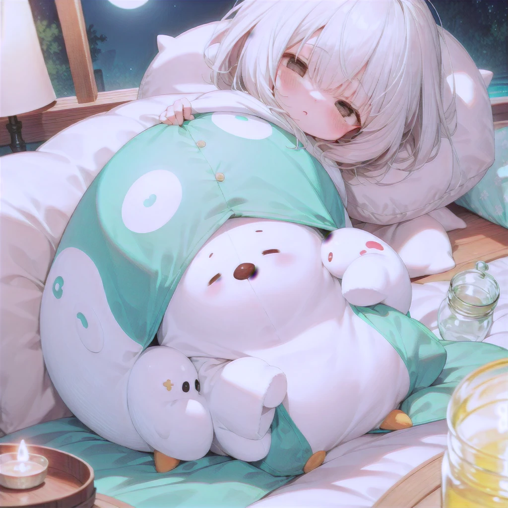 Highest quality, Absurd, High resolution,
cute, (Little:1.3), (whole body), (Droopy eyes:1.3),
Little in cushion filled glass jar,
Round animal costume, fuwafuwa, sleeping girl, sleeping Little, sleep, At night, moonlight,