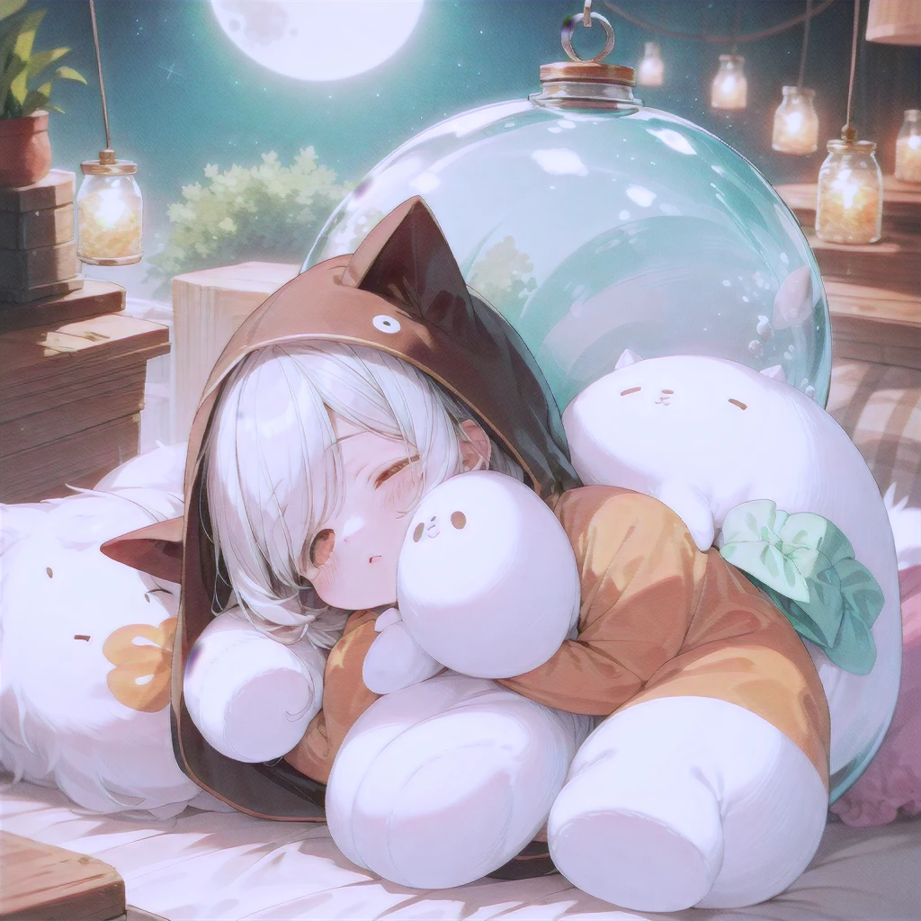 Highest quality, Absurd, High resolution,
cute, (Little:1.3), (whole body), (Droopy eyes:1.3),
Little in cushion filled glass jar,
Round animal costume, fuwafuwa, sleeping girl, sleeping Little, sleep, At night, moonlight,