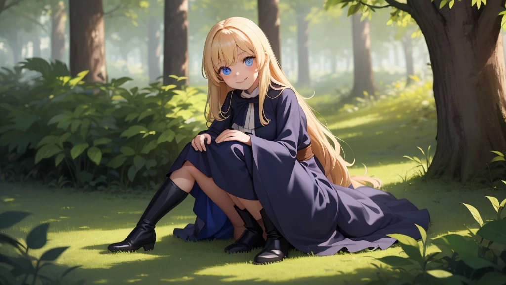 Perfect Biology、masterpiece, taller than,Very detailed, Absurd, witch, 8-year-old, girl,  alone, Blonde, Long Hair,  blue eyes, Blue Boots, Long sleeve,Have,in the forest, smile,