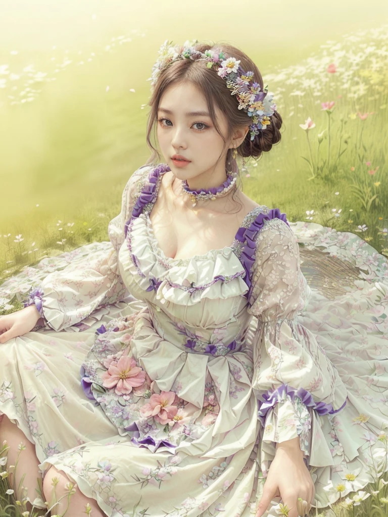 big breasted araffe woman in a dress sitting in a flower field with flowers on the dress, hair tied in a bun, Sakimichan, lovely languid princess, rococo dress, Beautiful lady, flower dream, palace ， a girl in hanfu, colorful renaissance dress, Beautiful lady de fantasía, lady in bright flower dress, Rococo queen, romantic dress, beautiful dolphin, floral collar with ruffles