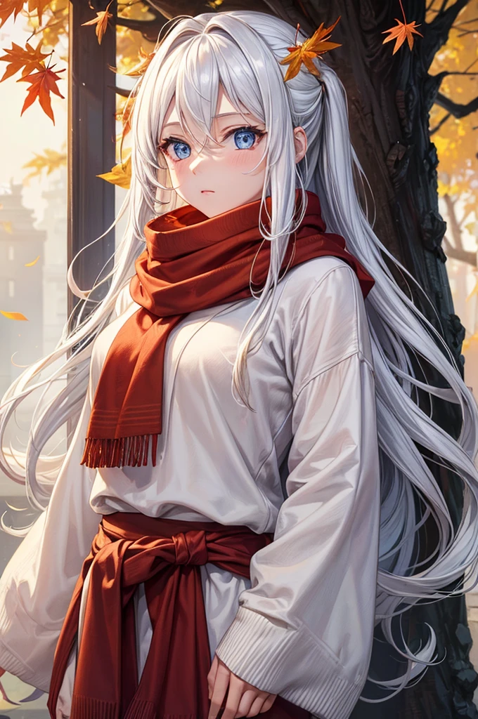 (work of art), best qualityer, ultra detali, illustration, warm lighting, soft lighting, shiny colors, 1 girl, standing alone,( beautiful girl, long hair, blue colored eyes, cinta, White hair, hair between the eyes, hair cinta, side locks, very long hair, Messy hair,) , Thu, many maple, maple leaves, golden leaves, folhagem de Thu, dried leaves, Riu,  Fresh air,  Peace, fresh breeze , Pleasant climate,( wear a white or brown sweater, red scarf, It&#39;s temperamental, Melancholic, Melancholic, Grieving ,preoccupied, yearning,), ((breasts big)), ((big-ass)) (((sexy clothes)))