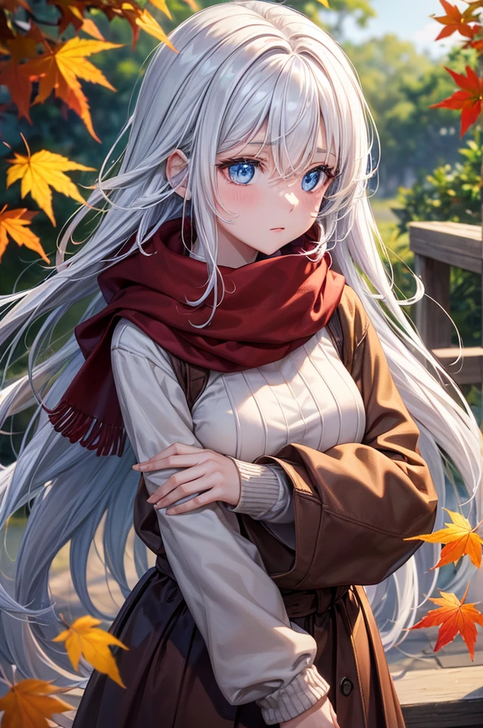 (work of art), best qualityer, ultra detali, illustration, warm lighting, soft lighting, shiny colors, 1 girl, standing alone,( beautiful girl, long hair, blue colored eyes, cinta, White hair, hair between the eyes, hair cinta, side locks, very long hair, Messy hair,) , Thu, many maple, maple leaves, golden leaves, folhagem de Thu, dried leaves, Riu,  Fresh air,  Peace, fresh breeze , Pleasant climate,( wear a white or brown sweater, red scarf, It&#39;s temperamental, Melancholic, Melancholic, Grieving ,preoccupied, yearning,), ((breasts big)), ((big-ass)) (((sexy clothes)))