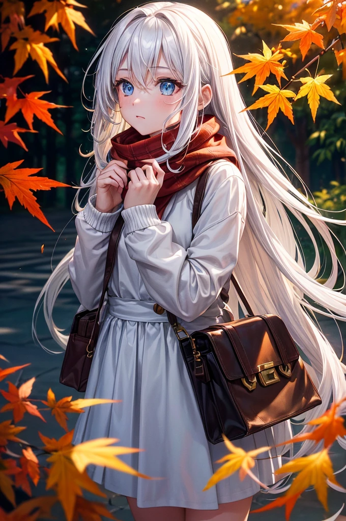 (work of art), best qualityer, ultra detali, illustration, warm lighting, soft lighting, shiny colors, 1 girl, standing alone,( beautiful girl, long hair, blue colored eyes, cinta, White hair, hair between the eyes, hair cinta, side locks, very long hair, Messy hair,) , Thu, many maple, maple leaves, golden leaves, folhagem de Thu, dried leaves, Riu,  Fresh air,  Peace, fresh breeze , Pleasant climate,( wear a white or brown sweater, red scarf, It&#39;s temperamental, Melancholic, Melancholic, Grieving ,preoccupied, yearning,), ((breasts big)), ((big-ass)) (((sexy clothes)))